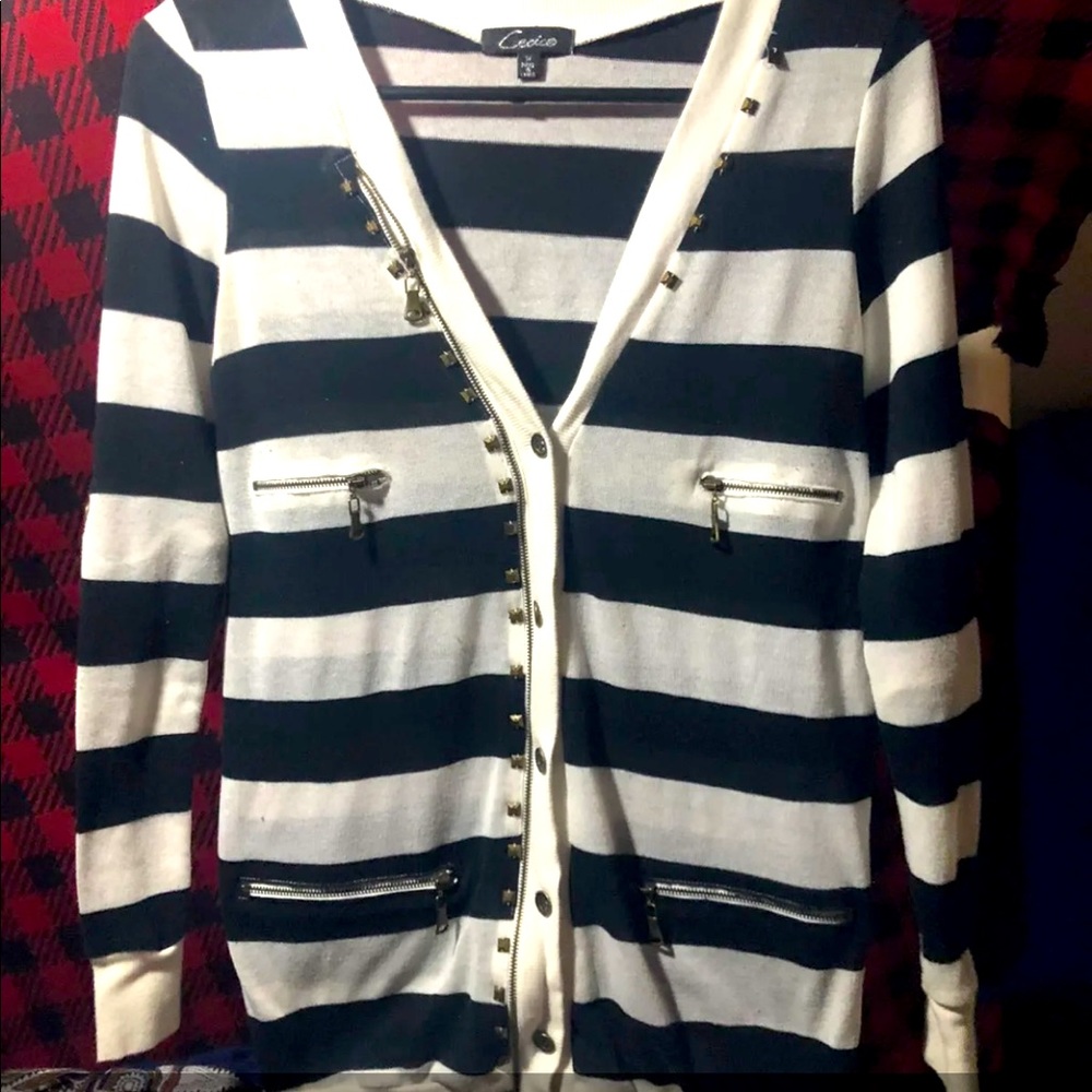 Punk Looking Cardigan Black/White Striped and Stud detailing